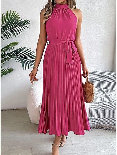  Robe midi femme Robe portefeuille Robe évasée Robe plissée Robe halter Vacances Vacances Décontracté Quotidien Ajustement régulier graphique sans manches col halter noir rose vin vert été