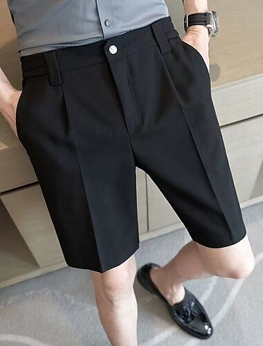  Herren Shorts Kurze Hosen Kleid-Shorts Tasche Elastische Taille Gerade geschnitten Glatt Komfort Kein Eisen Knielänge B¨¹ro Geschäft Täglich Modisch Strassenmode Schwarz Khaki