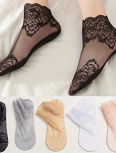  Medias de Encaje de Moda para Damas Color Sólido Ligeras Suaves y Elásticas Cómodas y Transpirables Versátiles