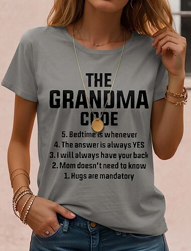  Women's T Shirt Cotton Shirt Mom Letter Casual Short Sleeve Round Neck Regular Tops Daily Print Black White Blue Green Gray Summer