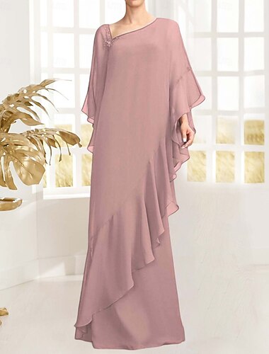  Sheath / Column Mother of the Bride Dress Elegant Vintage Simple Asymmetrical Neck Floor Length Chiffon Long Sleeve with Beading Ruffles Cascading Ruffles