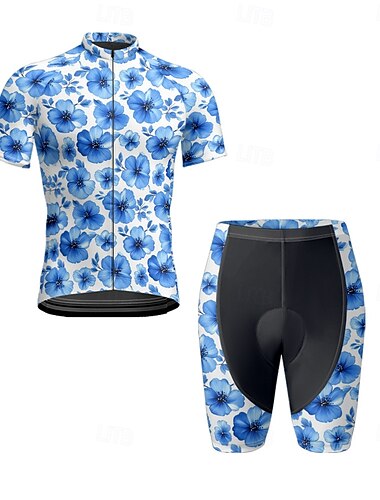  Herren Radtrikot mit Radhose fahrradbekleidung Kurzarm MTB Mountain Rennrad Königsblau Blau Dunkelblau Blumen Pflanzen Fahhrad Spandex Sport Blumen Pflanzen Bekleidung