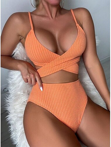  Damen Badeanzug Bikinis 2 Stück Unterhosen Bademode Rückenfrei Schlank Hoch tailliert Urlaub Strandbekleidung Feste Farbe V Ausschnitt Ärmellos Badeanzüge