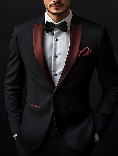  Trajes de Fiesta de Boda para Hombre Trajes de Regreso a Casa Negro Formal de Color Sólido Ajuste Estándar 2 Piezas De Un Solo Botón