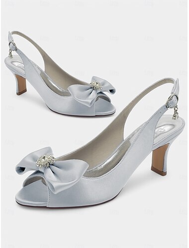  Elegantes zapatos de tacón bajo con tira trasera abierta de satén para mujer con detalle de lazo y adorno de diamantes de imitación, ideales para bodas y eventos nocturnos