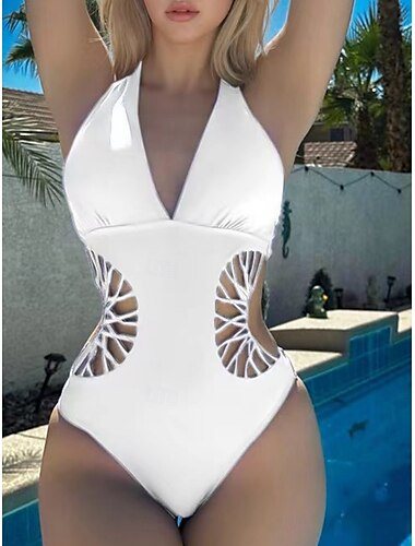  Damen Badeanzug Ein Stück Monokini Bademode Rückenfrei Bauchkontrolle Hohe Taillenlinie Ausgeschnitten Schlank Urlaub Strandbekleidung Feste Farbe Halfterhals Ärmellos Badeanzüge