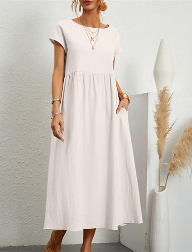  Women's Midi Dress Linen-Inspired Dresses Casual Dress Cotton Linen Dress A Line Dress Stylish Casual Vacation Daily Date Regular Fit Plain Short Sleeve Crew Neck White Pink Orange Summer Spring