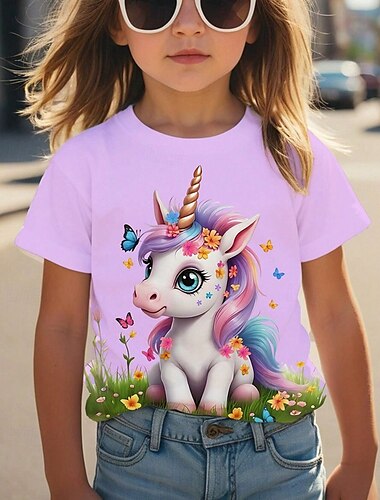  Mädchen 3D Graphic Einhorn T-Shirt Kurzarm Sommer Frühling Modisch Basic kinderkleidung 4-12 Jahre Rundhalsausschnitt Outdoor Casual Täglich Regular Fit