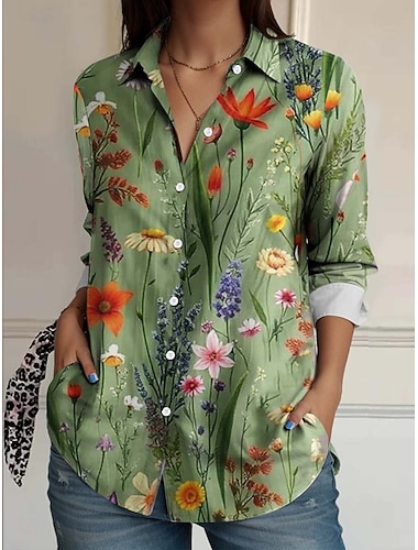  T-shirt da donna floreale elegante vintage quotidiana maniche lunghe T-shirt colletto top regolari lavoro quotidiano bottoni stampa verde erba estate primavera