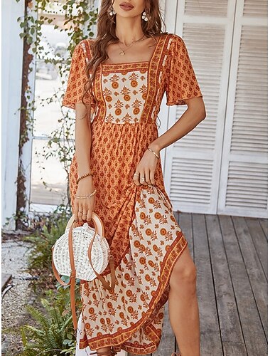  Femme Robe Maxi Robe casual Robe Évasée Robe Trapèze mode Décontractées Vacances du quotidien Standard Floral Manche Courte Col Carré Jaune Rose Claire Orange Vert Eté
