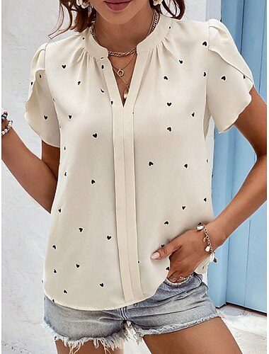  Dames Overhemd Blouse Hart Elegant Dagelijks Stijlvol Korte mouw V-hals Normale tops Werk Dagelijks Feestdagen Afdrukken Zwart Blozend Roze Beige Licht Blauw Zomer Lente