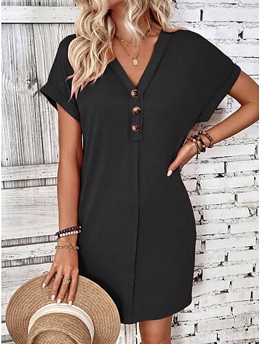  Femme Mini robe robe noire Robe en maille Robe casual basique Décontractées Vacances du quotidien Standard Plein Manche Courte Col V Vert cendré Noir Rose Claire Vin Eté Printemps