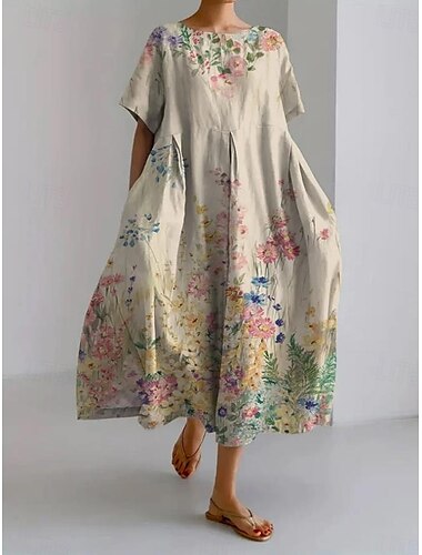  Damen Maxidress Casual kleid Brautkleider schlicht Urlaub Lockere Passform Farbverlauf Blumen Graphic 3/4 Ärmel Rundhalsausschnitt Hellgelb Magenta Perle Hellgrün Frühling Herbst Winter