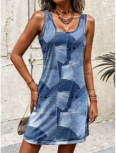  Damen Minikleid A Linie Kleid Sommerkleid Schulterfreies Kleid Urlaub Täglich Lockere Passform Graphic Geometrisch Ärmellos U-Ausschnitt Blau Sommer Frühling