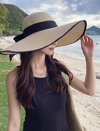  Sombrero de paja de ala grande para mujer, sombrero de ala ancha con protección solar para verano, sombrero de playa con lazo para la playa, sombrero para el sol