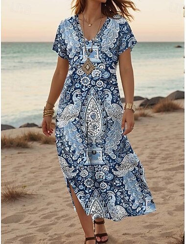  Damen Maxikleid Freizeitkleid A Linie Kleid Stilvoll Lässig Urlaub Täglich Normale Passform Blumen Kurzarm V Ausschnitt Rosa Blau Lavendel Orange Frühling Herbst