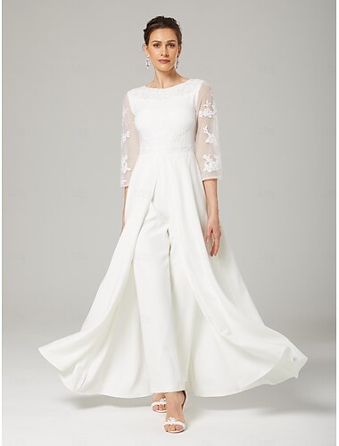  Overalls Brautmutterkleid Elegant Juwelenhals Bodenlang Chiffon Dreiviertelarm mit Applikationen 2025