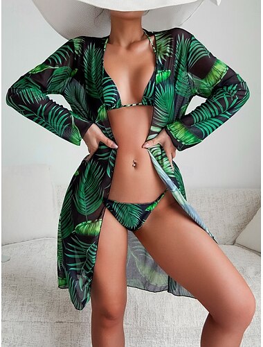  Femme Maillots de Bain Bikinis Trois pièces Slip Brésilien Maillot de bain Dos Nu Mince Vacances Tenues de plage Feuilles Dos nu manche longue Maillots de bain