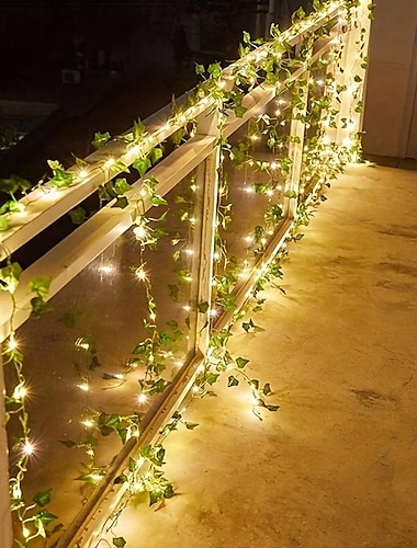  Cadena de luces de alambre de cobre con hojas verdes de tigre trepador solar para exteriores de 5 m y 50 ledes para decoración de bodas, festivales y jardines