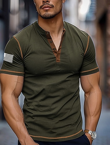  4 juillet 2026 250e Jour du Souvenir T-shirt Henley à manches courtes pour hommes Design vintage décontracté extérieur quotidien