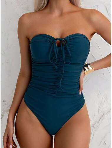  Damen Badeanzug Ein Stück Monokini Bademode Rückenfrei Bauchkontrolle Hohe Taillenlinie Urlaub Strandbekleidung Feste Farbe Trägerlos Ärmellos Badeanzüge