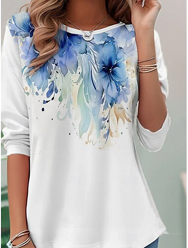 Per donna Maglietta Ombre Floreale Elegante Vintage Moda Manica Lunga Girocollo Top Regolari Quotidiano Uscire Weekend Stampato Blu Estate Primavera