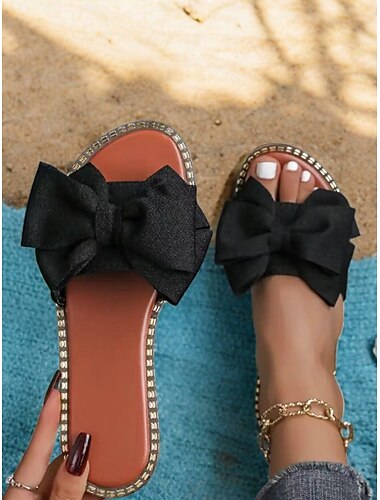  rosa Slide-Sandalen für Damen mit großer Schleife – bequeme flache Sommerschuhe – perfekt für Strand, Pool und Freizeitausflüge