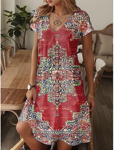  Per donna Mini Abito Vestito T-Shirt Vestito Estivo Abito a trapezio Elegante Vintage Vacanza Compleanno Casuale Vestibilità regolare Grafico Paisley Manica Corta Scollo a V Rosso Blu Estate