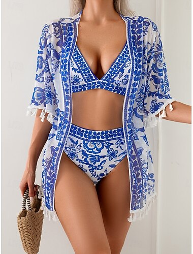  Femme Maillots de Bain Bikinis Trois pièces Slip Brésilien Maillot de bain Dos Nu Mince Vacances Tenues de plage Floral Col V manche longue Maillots de bain