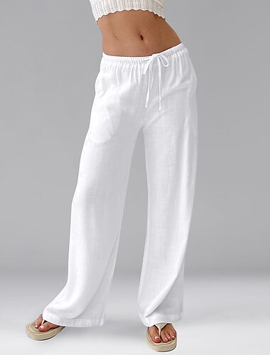  Mujer Pantalones cortos de lino y algodón Pantalones inspirados en el lino Pantalones de lino y algodón Casual Longitud total Cintura Media Cintura elástica Diseño de cordón elástico Rígido Blanco