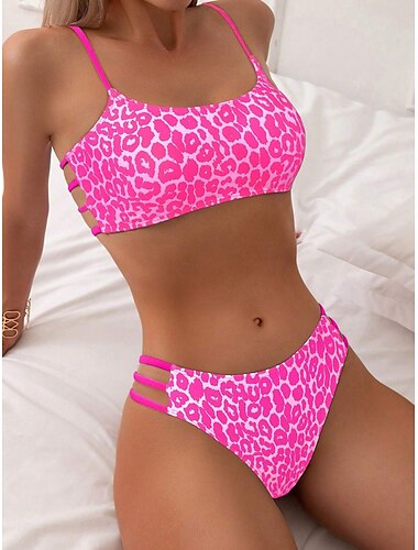  Damen Badeanzug Bikini Zweiteilig Freche Unterhose Bademode Rückenfrei Schlank Urlaub Strandbekleidung Leopard Trägerlos Ärmellos Badeanzüge