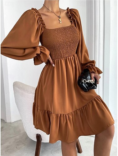  Robe Mini Femme Robe En A Ligne Robe de Laitière Robe Off The Shoulder Robe À Manches Bouffantes Vacances Vacances Quotidienne Coupe Régulière Unie Manches Longues Col Carré Noir Vin Marron Clair