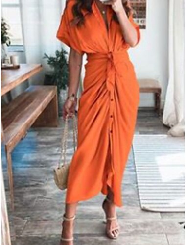  Damen Maxi Kleid Wickelkleid Bodycon Kleid Puffärmel Kleid Einfarbig Party Geburtstag Party Geburtstag Reguläre Passform Grafik Kurzarm V-Ausschnitt Schwarz Champagner Himmelblau Orange Sommer