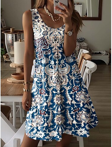  Dames Mini-jurk Vintage Jurk Casual jurk Mini-jurk Zonnejurk Bohemen Vakantie Casual Vakantie Dagelijks Feestdagen Normale pasvorm Grafisch Geometrisch Paisley Mouwloos Strakke ronde hals blauw Zomer