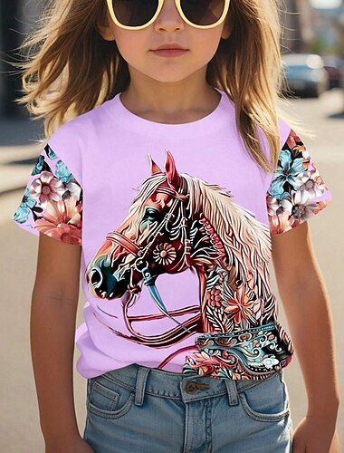 Mädchen 3D Graphic Pferd T-Shirt Kurzarm Sommer Frühling Modisch Basic kinderkleidung 4-12 Jahre Rundhalsausschnitt Outdoor Casual Täglich Regular Fit