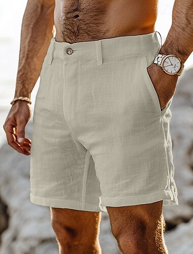  Herren Shorts Kurze Hosen Leinenshorts Kurze Hosen Kleid-Shorts Sommer-Shorts Strandshorts Kurze Hosen Knopf Tasche Gerade geschnitten Glatt Komfort Atmungsaktiv Knielänge Outdoor Casual Täglich