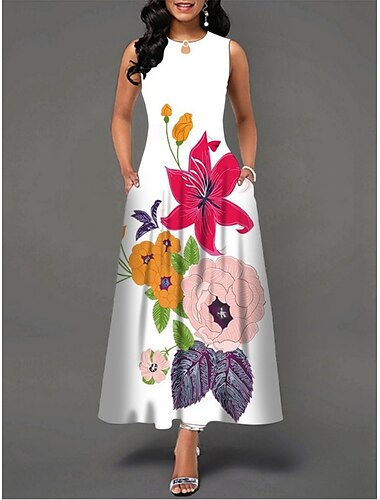  Damen Maxidress Casual kleid A Linie Kleid Tank-Top Kleid Stilvoll Brautkleider schlicht Urlaub Täglich Regular Fit Blumen Ärmellos Rundhalsausschnitt Schwarz Weiß Gelb Blau Sommer