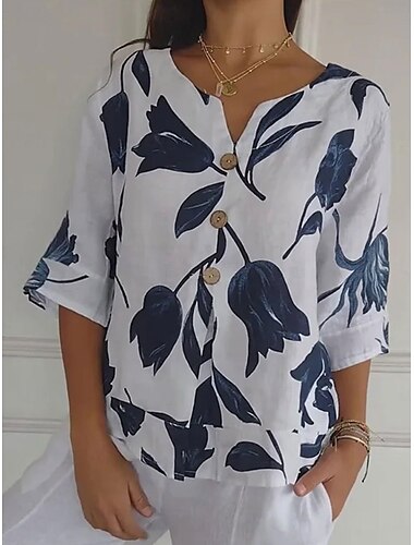  Mujer Camisa Camisas de algodón y lino Abotonar Blusa Graphic Elegante Diario Retro Antiguo Manga 3/4 Escote en Pico Tops regulares Diario Festivos Noche Botones Estampado Blanco Rosa Rojo Verde