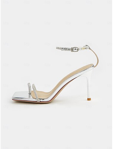  sølv rhinestone ankelrem højhælede sandaler - metalliske stiletfesthæle til kvinder