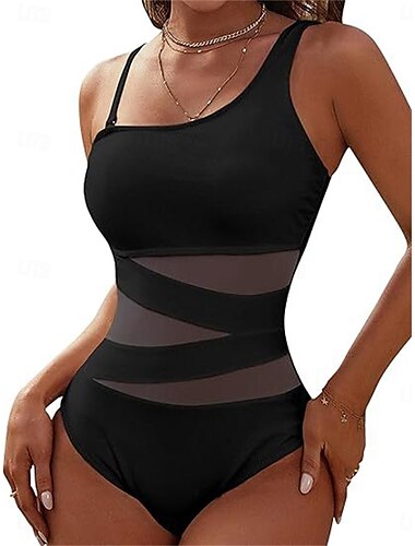  Damen Badeanzug Einteiler Bademode Rückenfrei Bauchkontrolle Hohe Taille Schlank Urlaub Strandbekleidung Einfarbig Asymmetrischer Ausschnitt Ärmellos Badeanzüge