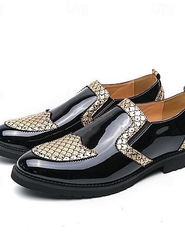  Herren-Slipper aus Lackleder – schwarze Halbschuhe mit goldfarbener Struktur, stilvolles, formelles Schuhwerk für Partys, Hochzeiten und besondere Anlässe
