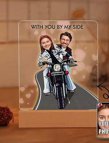  1 luz de noche acrílica personalizada: ilumina tu marco de fotos, diseño personalizado de pareja montando motocicleta con fotos de cabeza grande, perfecto para un regalo único para parejas enamoradas