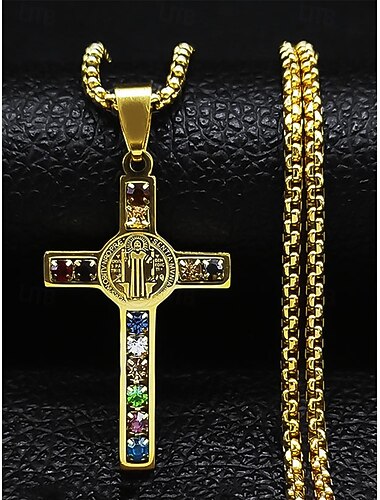  heren roestvrijstalen vergulde kruisketting met veelkleurige edelstenen - religieuze hanger, stijlvolle ketting voor dagelijks gebruik, cadeaus voor religieuze gelegenheden