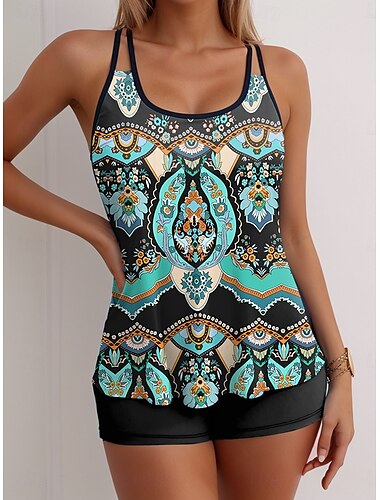  Γυναικείες Μαγιό Tankini 2 Τεμαχίων Μαγιό Boy Leg Χωρίς Πλάτη Διακοπών Μαγιό Παραλίας Γραφικό U Λαιμό Χωρίς Μανίκια Μπάνιο Σουτιέν