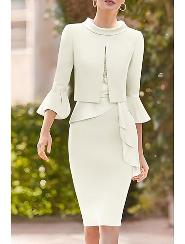  Kleid Kleid-Sets Mutter der Braut Kleid Formal Hochzeitsgast Elegant Vintage Juwelenhals Tee-Länge Stretchstoff Halblange Ärmel mit Spitze Kaskaden-Rüschen Derby Kleid Renn-Tag-Kleid 2025