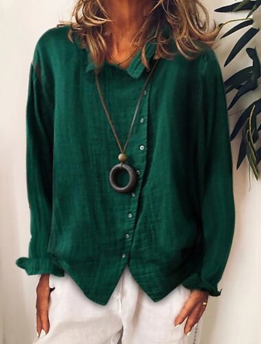  Mujer Camisa Camisas de algodón y lino Camisa de lino Abotonar Plano Diario Elegante Básico Manga Larga Cuello Camisero Tops regulares Trabajo Diario Festivos Botones Blanco Amarillo Verde Trébol