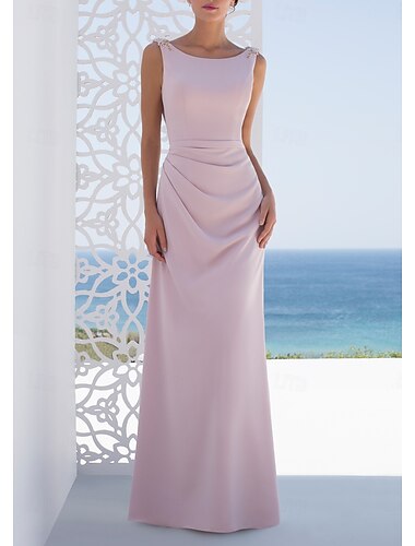  Meerjungfrauenschnitt / Schlauchkleid Brautjungfernkleid Bateau-Ausschnitt Ärmellos Rosa Bodenlang Stretchstoff mit Raffung / Einfarbig 2022