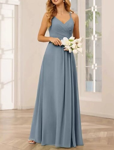 Sukienka A-line Druhna Dekolt w Serek  Ramiączka spaghetti Bez rękawów Elegancka Długość do ziemi Chiffon  Spandex z Krzyżem  Drapowaniem  Marszczeniem