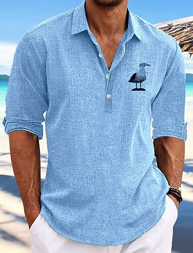  Voor heren Overhemd Linnen overhemd Popover-shirt Zomer overhemd Normaal shirt Strand hemd Zwart blauw khaki Grijs Lange mouw dier Revers Vakantie Hawaii Button-omlaag Kleding Modieus Casual