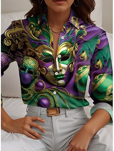  Carnaval Dames Shirt Linnenachtig Ademend Lichtgewicht Button Down Tuniek Shirt Kraag Lange Mouw Grafisch Casual Reguliere Tops Werk Dagelijkse Print Groen Lente Herfst Winter
